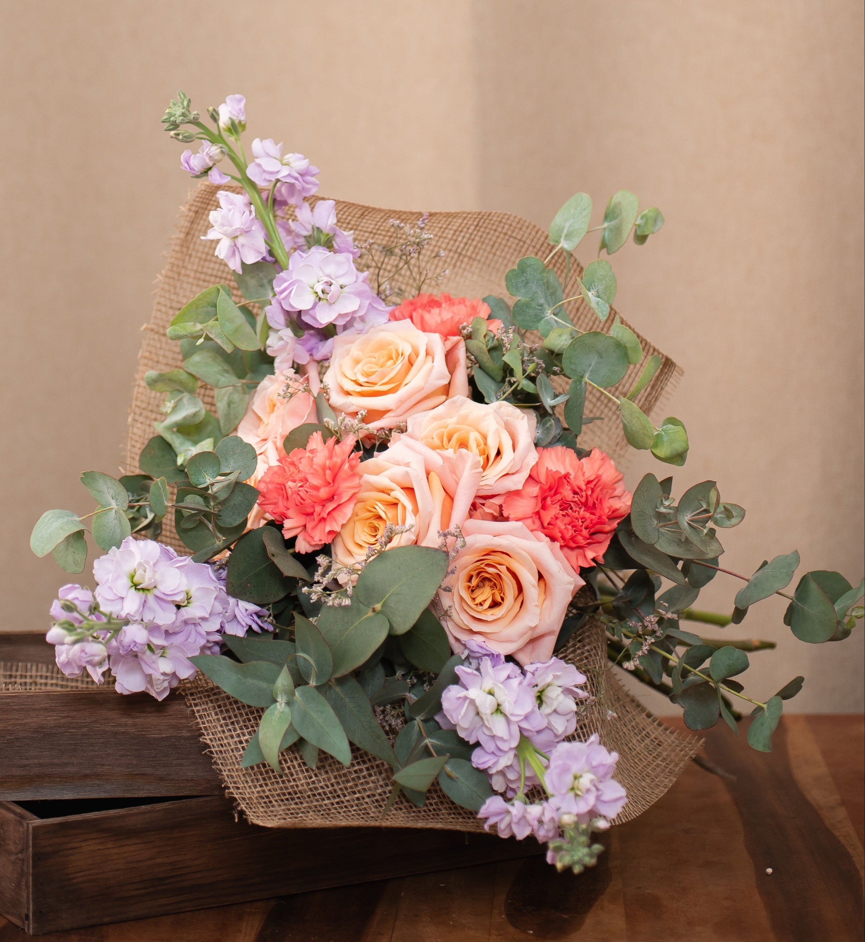 Medium size bouquet of pale rose coloured roses